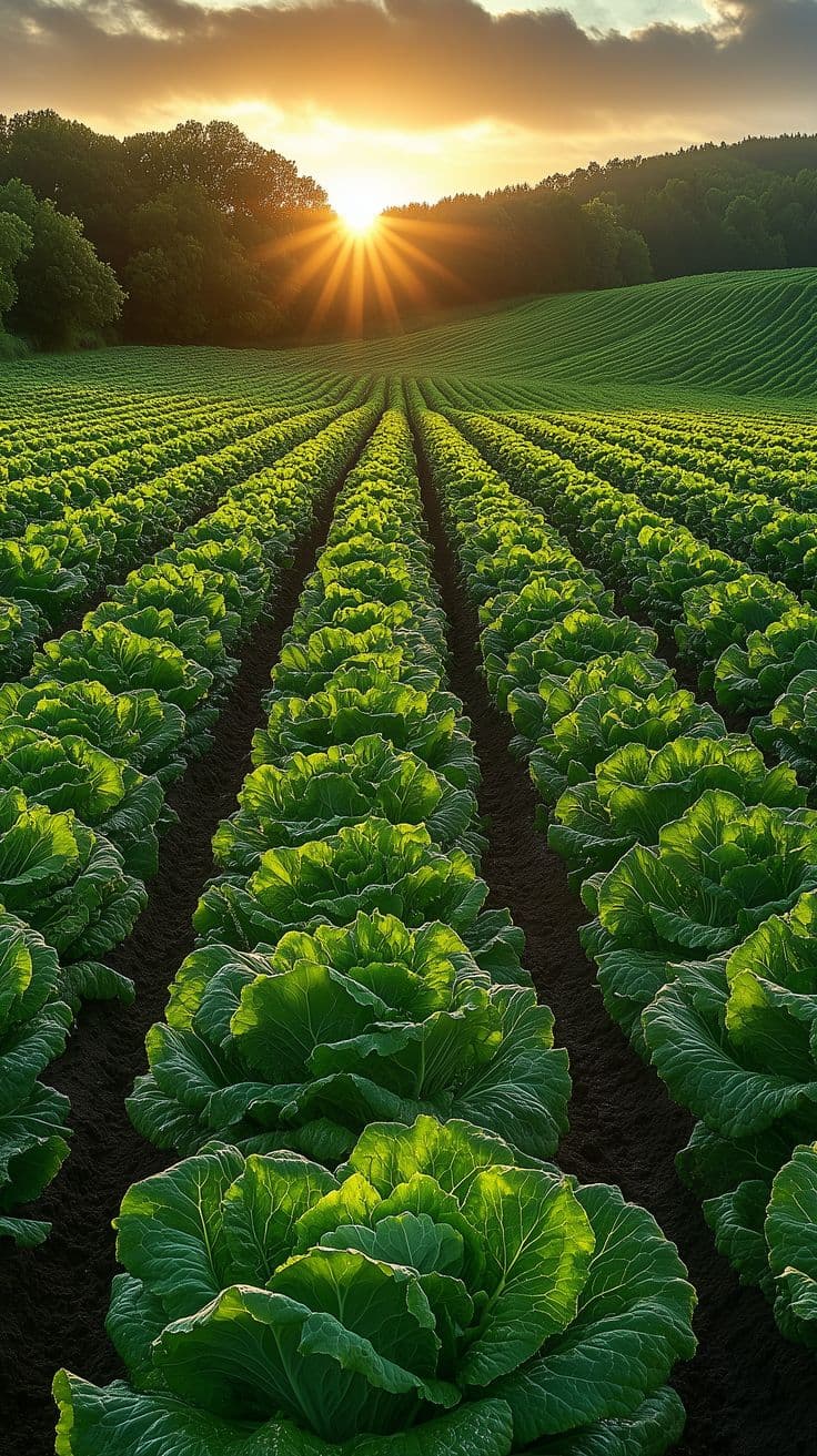 Lush green agricultural field with organized crop rows
